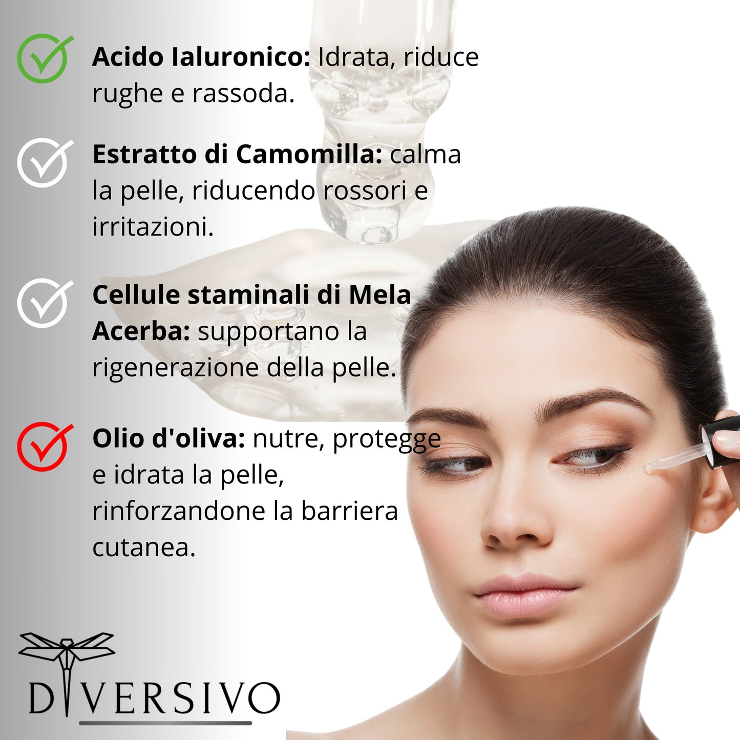 Siero Viso Antiage Vegano e Biologico - con Acido Ialuronico, Cellule Staminali di Mela e Olio di Oliva