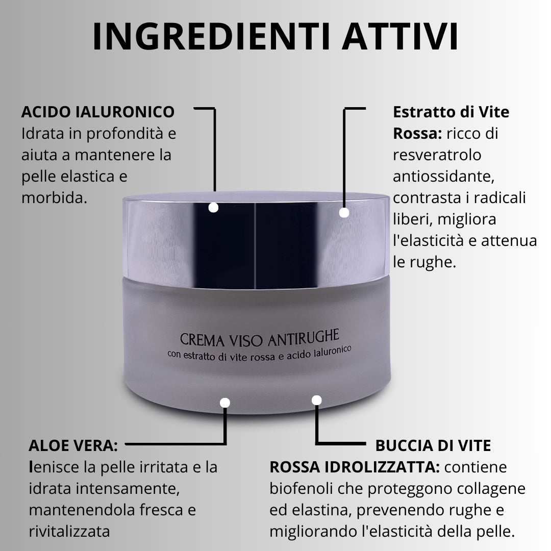 Crema Viso antirughe Giorno con Vite Rossa, Acido Ialuronico e Aloe Vera