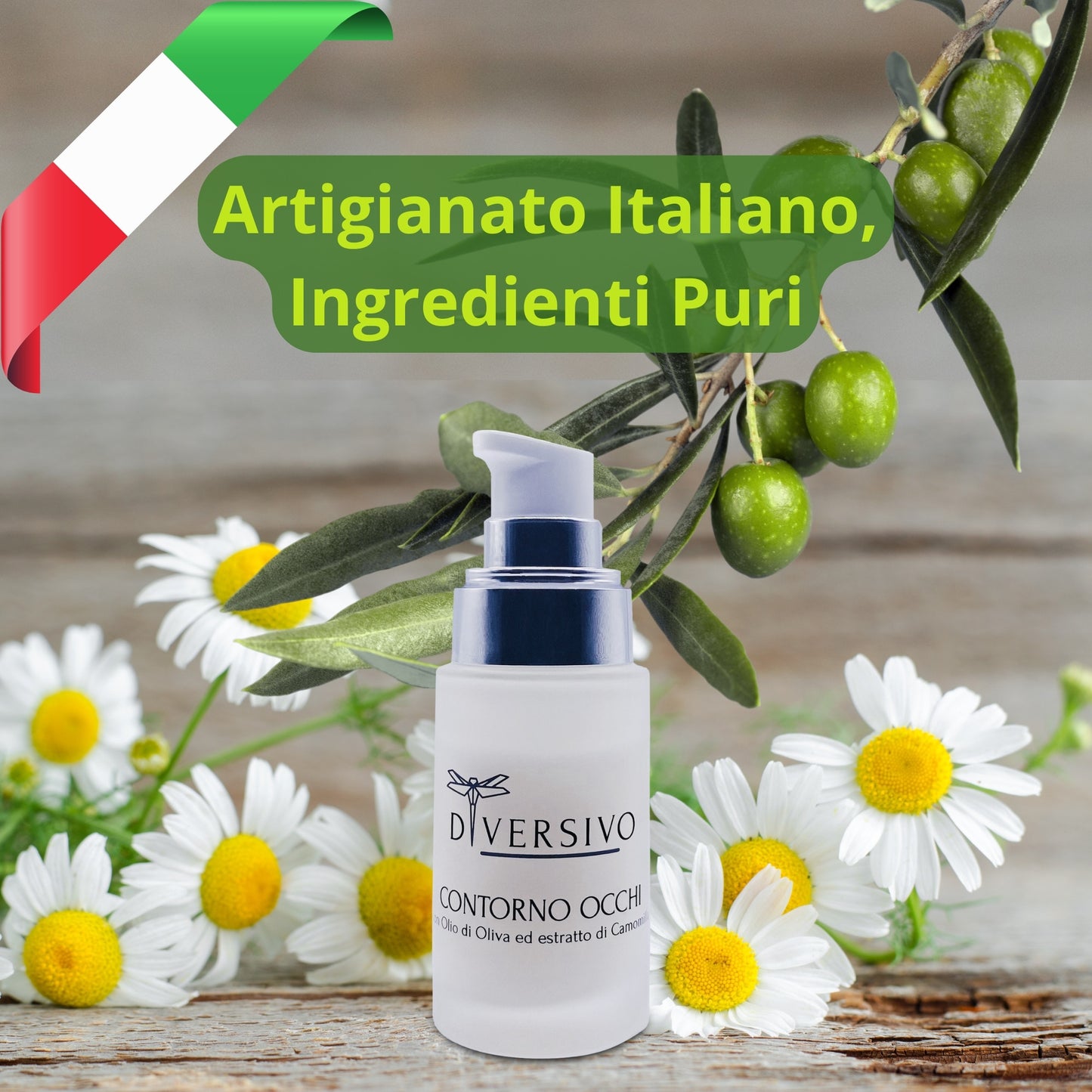 Contorno Occhi Anti-Età con Acido Ialuronico, Camomilla e Olio d'Oliva - Vegano, Senza Parabeni