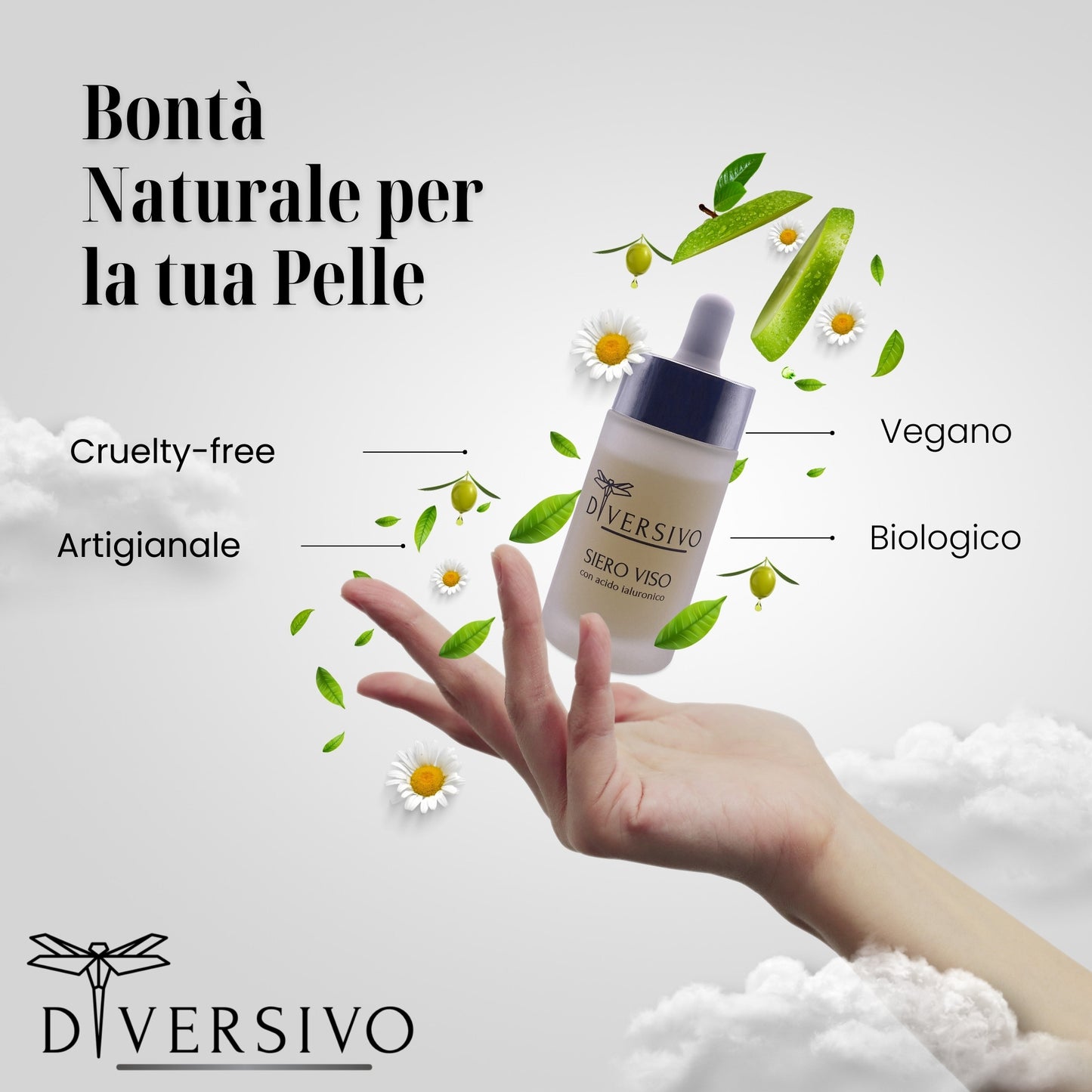 DIVERSIVO - Siero Viso Antiage Vegano e Biologico - con Acido Ialuronico, Cellule Staminali di Mela e Olio di Oliva