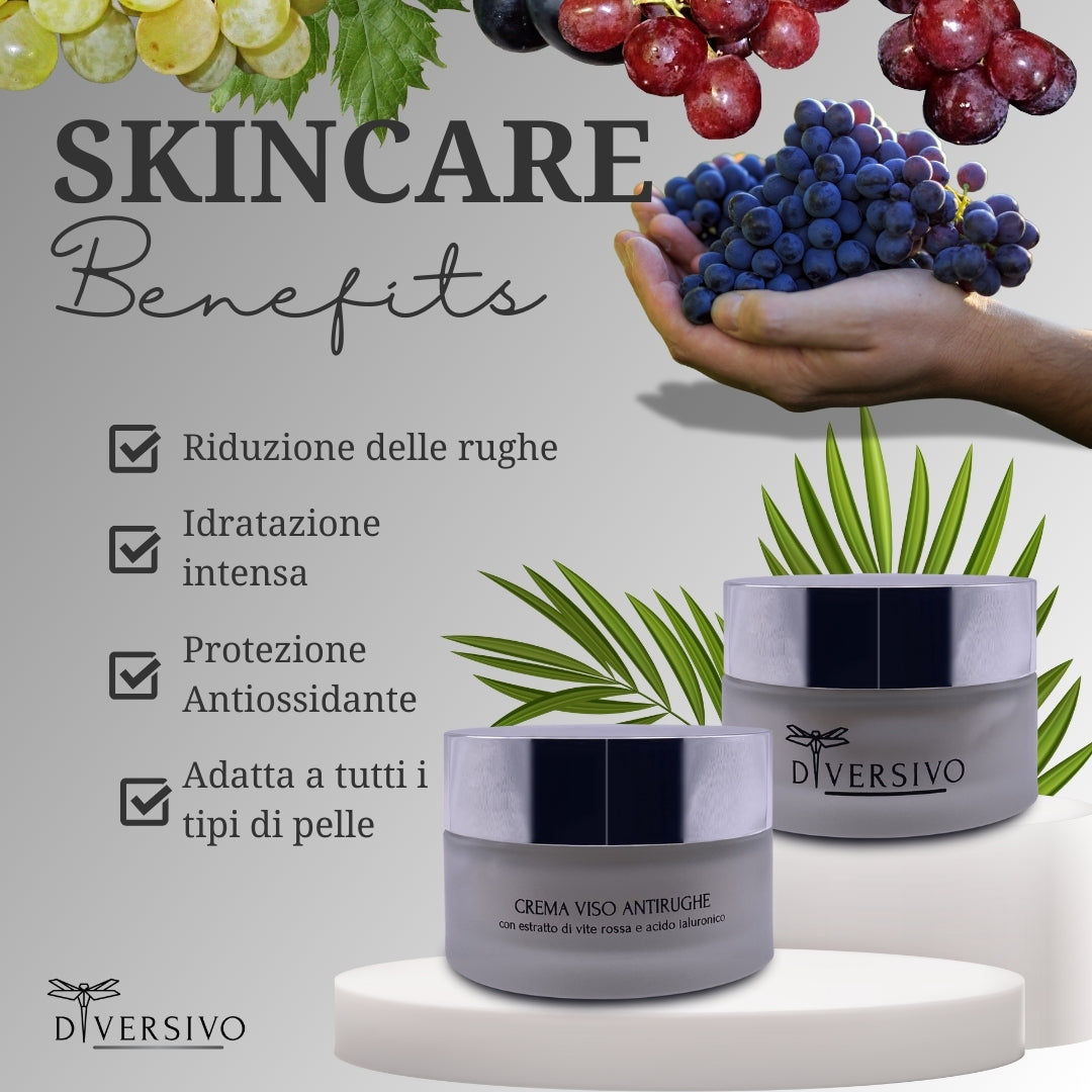 DIVERSIVO - Crema Viso ANTIRUGHE Giorno con Vite Rossa, Acido Ialuronico e Aloe Vera