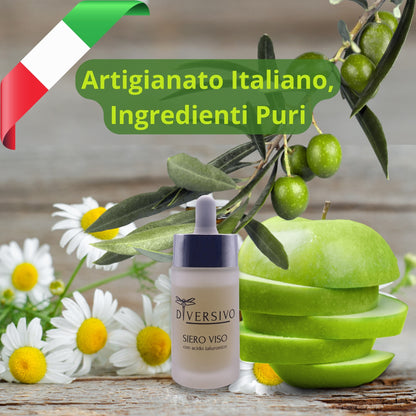 DIVERSIVO - Siero Viso Antiage Vegano e Biologico - con Acido Ialuronico, Cellule Staminali di Mela e Olio di Oliva