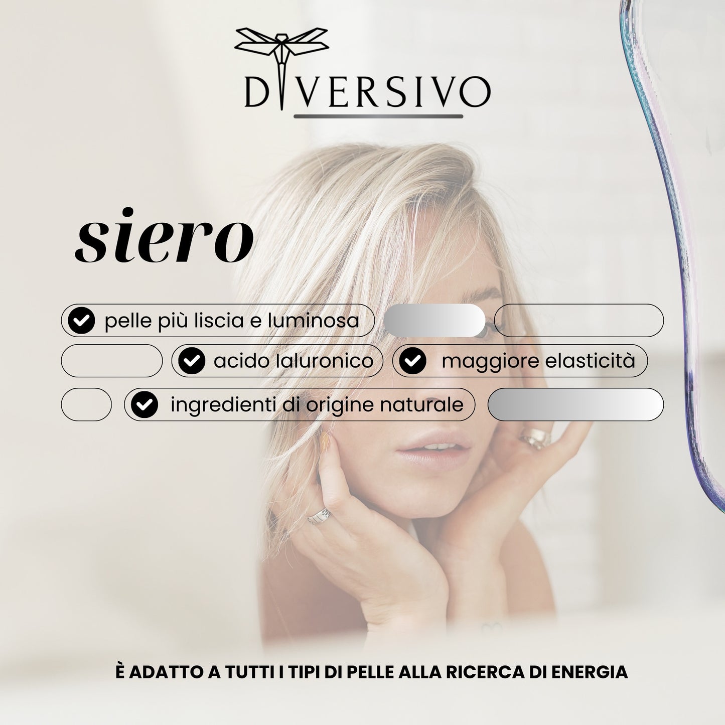 DIVERSIVO - Siero Viso Antiage Vegano e Biologico - con Acido Ialuronico, Cellule Staminali di Mela e Olio di Oliva